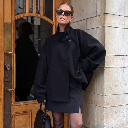 Elise - Women's Double-Breasted Cropped Jacket with Stand Collar - Coats & Jackets - Black - Davies & Cooper