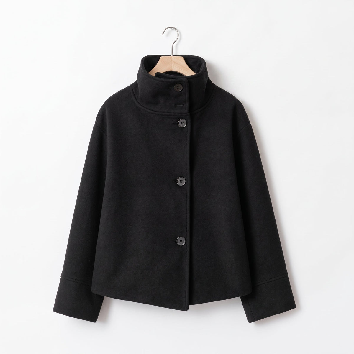 Elise - Women's Double-Breasted Cropped Jacket with Stand Collar - Coats & Jackets - Black - Davies & Cooper