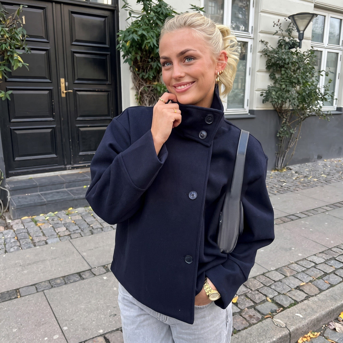 Elise - Women's Double-Breasted Cropped Jacket with Stand Collar - Coats & Jackets - Navy Blue - Davies & Cooper
