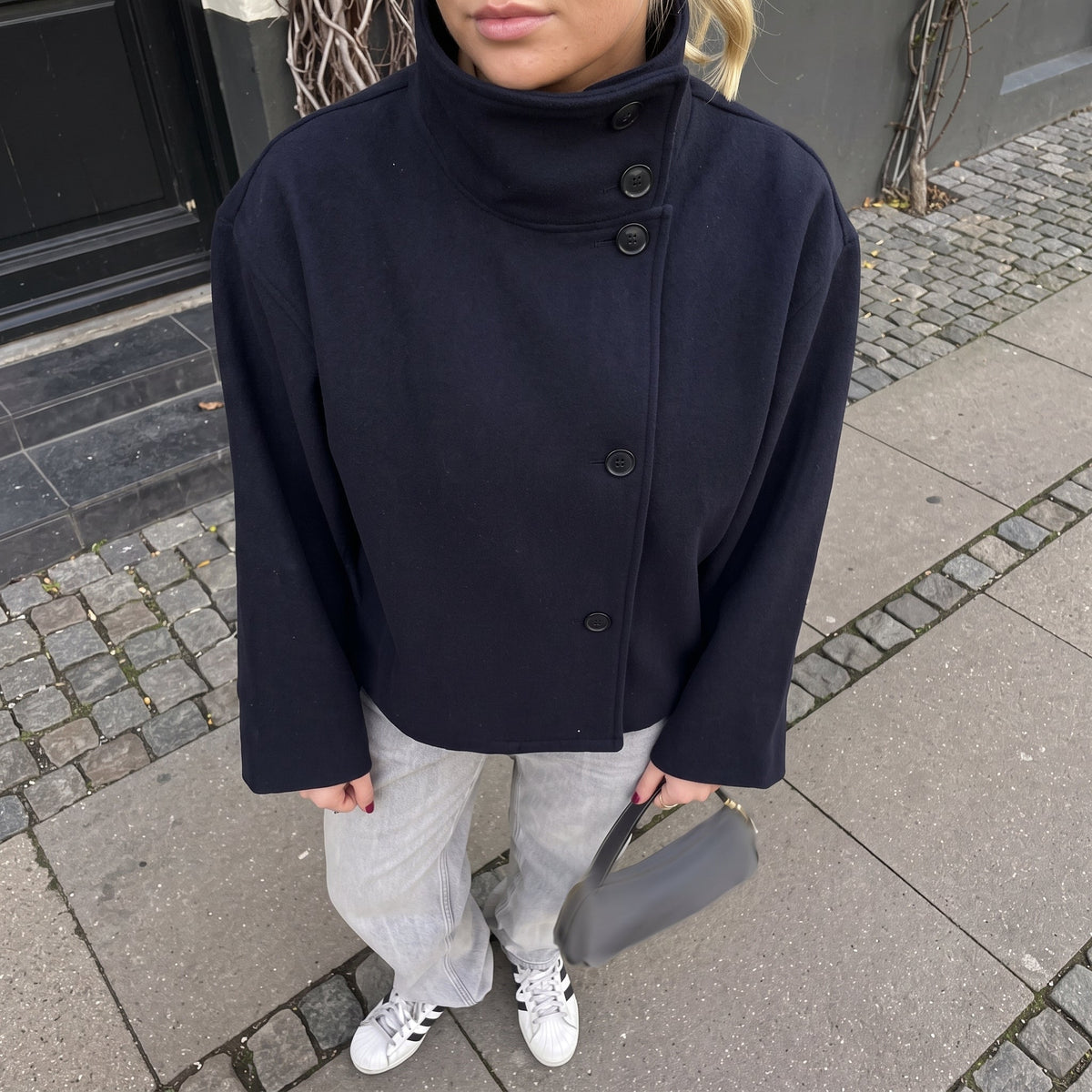 Elise - Women's Single-Breasted Cropped Jacket with Stand Collar - Coats & Jackets - Navy Blue - Davies & Cooper