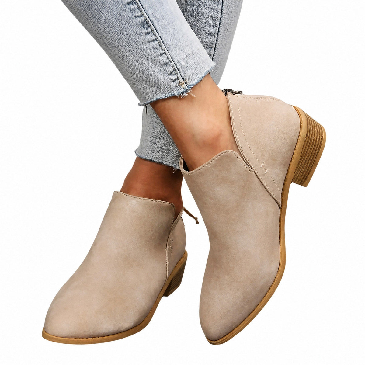 Emily - Women's Block Heel Ankle Boots with Side Cut-Out Detail and Zip Closure - Boots - Brown - Davies & Cooper