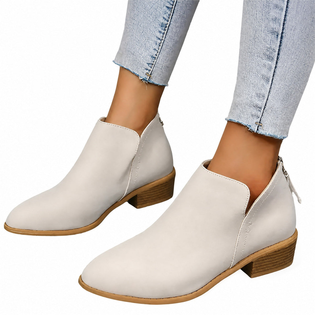 Emily - Women's Block Heel Ankle Boots with Side Cut-Out Detail and Zip Closure - Boots - Beige - Davies & Cooper