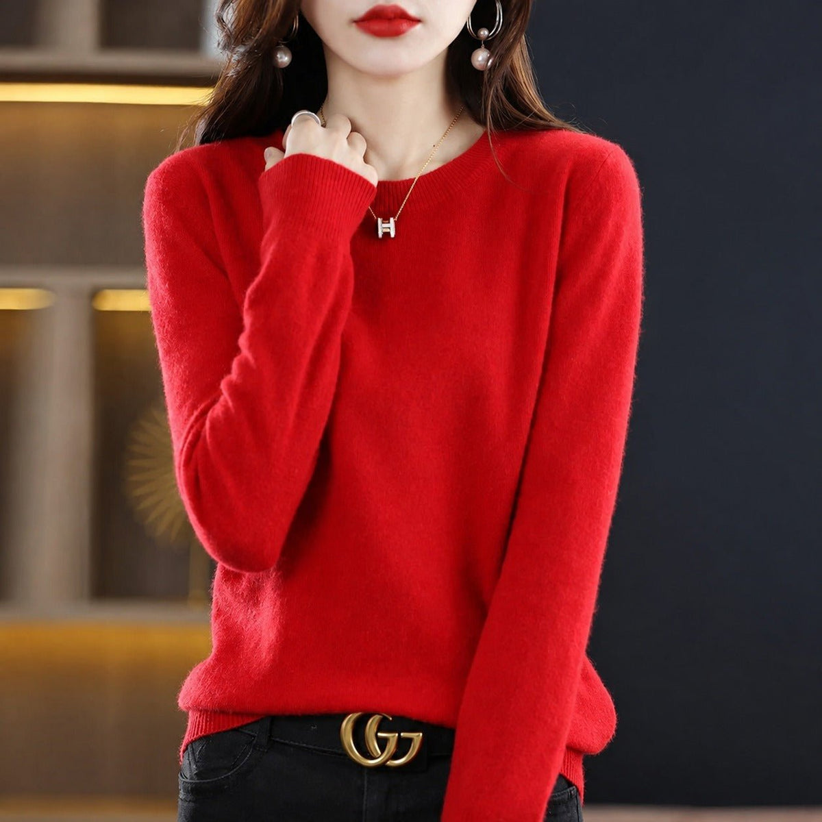 Erica - Women's Round Neck Knit Jumper with Long Sleeves - Sweaters - Red - Davies & Cooper