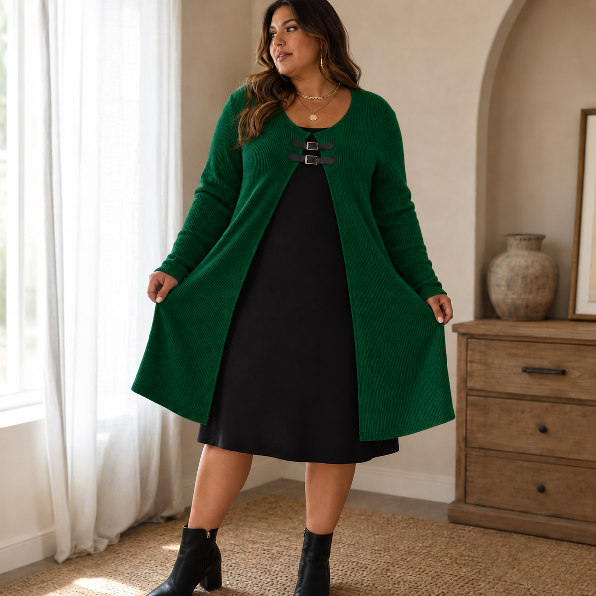 Women's Faux Two-Piece Midi Dress | Buckle Accent & Wrinkle Resistant 2