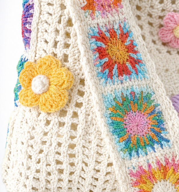 Women's Crochet Shoulder Bag | Floral 3D Detail & Roomy Design 7