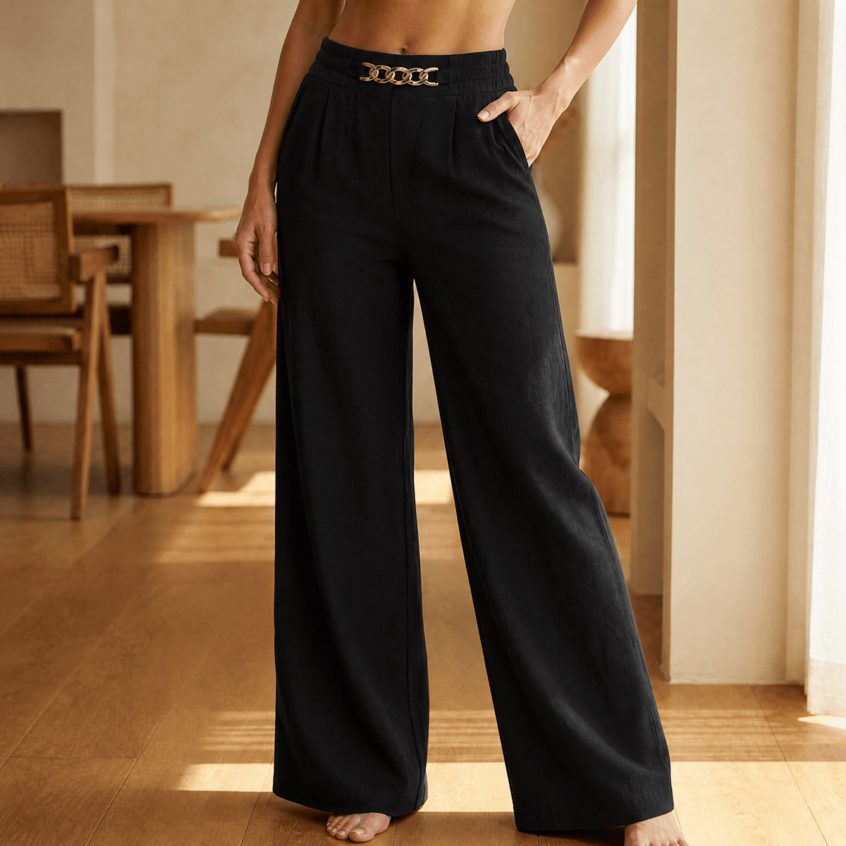 Women's Wide Leg Trousers | Chain Waist Accent 12