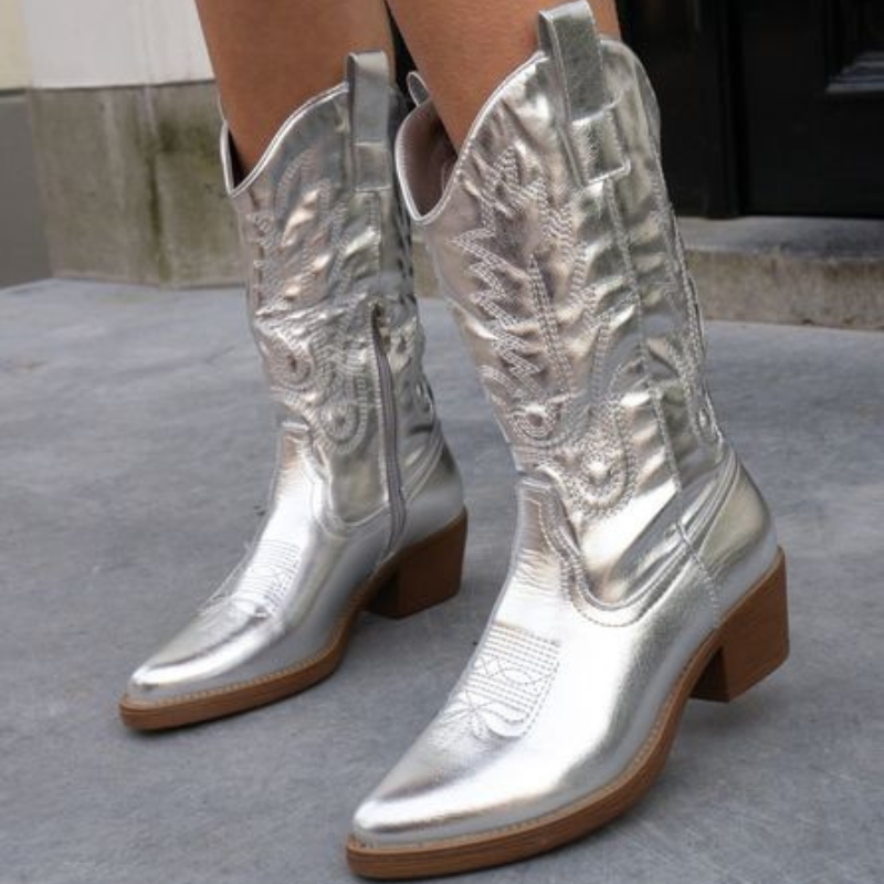 Women's Western Ankle Boots | Metallic Shine & Block Heel 8