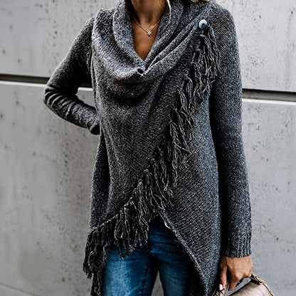 Grace - Women's Fringe Trim Knitted Cardigan with Waterfall Front - Cardigans - Black - Davies & Cooper