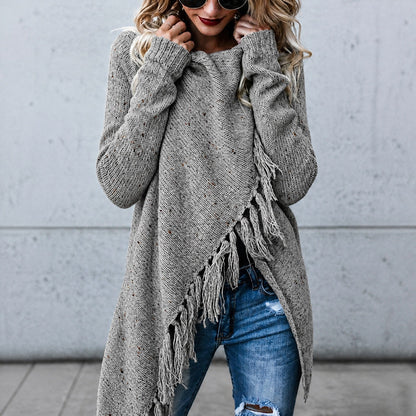 Grace - Women's Fringe Trim Knitted Cardigan with Waterfall Front - Cardigans - Grey - Davies & Cooper