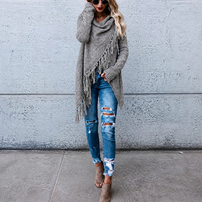 Grace - Women's Fringe Trim Knitted Cardigan with Waterfall Front - Cardigans - Grey - Davies & Cooper