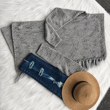 Grace - Women's Fringe Trim Knitted Cardigan with Waterfall Front - Cardigans - Grey - Davies & Cooper