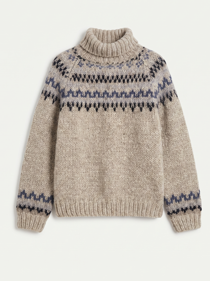 Grey chunky Fair Isle roll-neck jumper flat lay product photo — Adelina by Aveloire