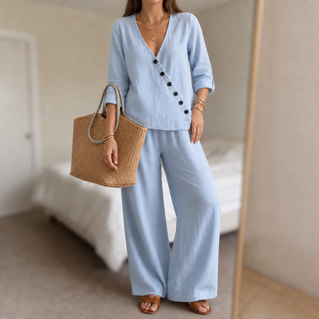 Women's Button Top & Wide Leg Trouser Set | Matching Two-Piece & All-Day Comfort 1