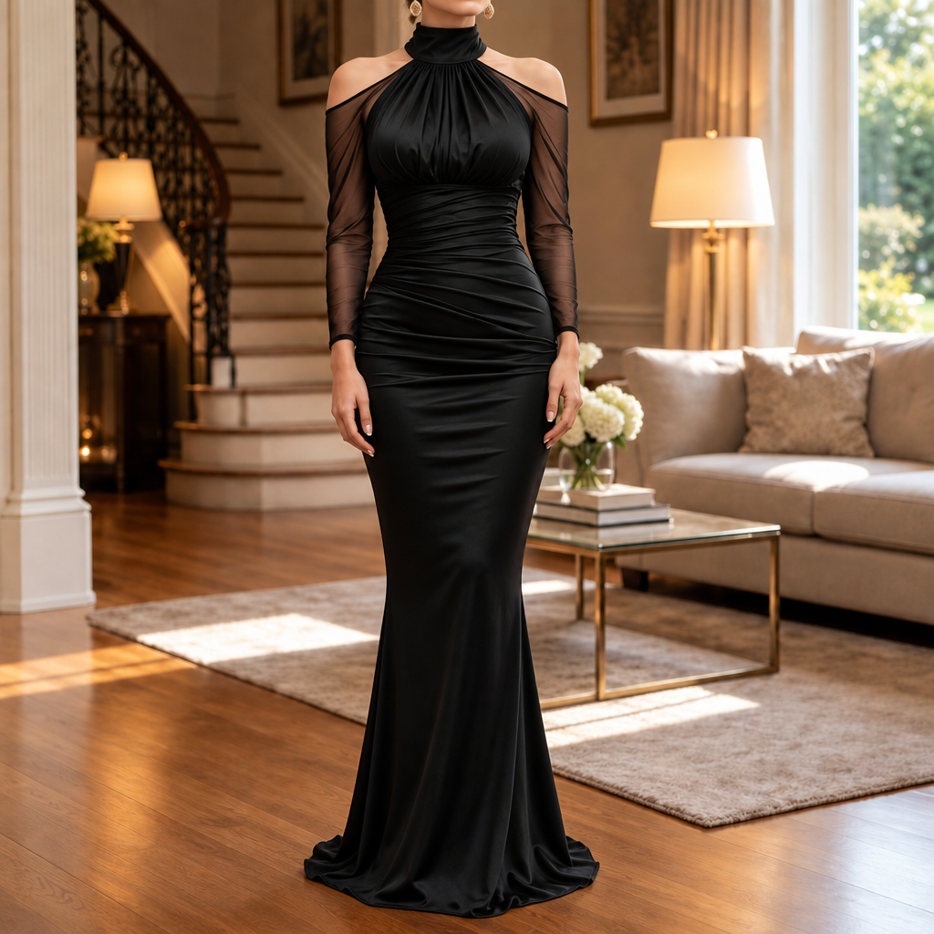 Women's Mermaid Evening Gown | Cold-Shoulder & Sheer Sleeves 1
