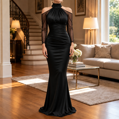 Women's Mermaid Evening Gown | Cold-Shoulder & Sheer Sleeves 1