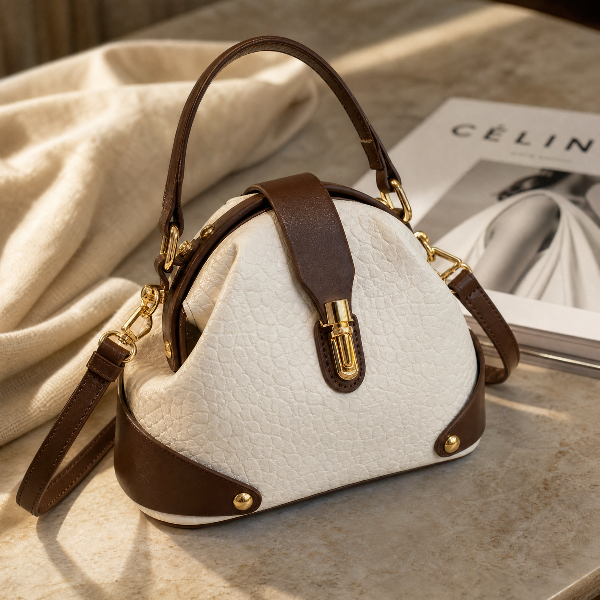 Women's Two-Tone Handbag | Doctor-Frame Shape & Hardware 1