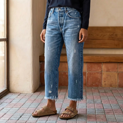 Women's Cropped Straight Leg Jeans | Fringed Hem & Relaxed Fit 1
