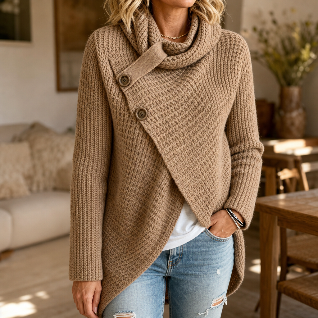 Women's Cowl Neck Sweater | Asymmetric Hem & Cozy Drape 1