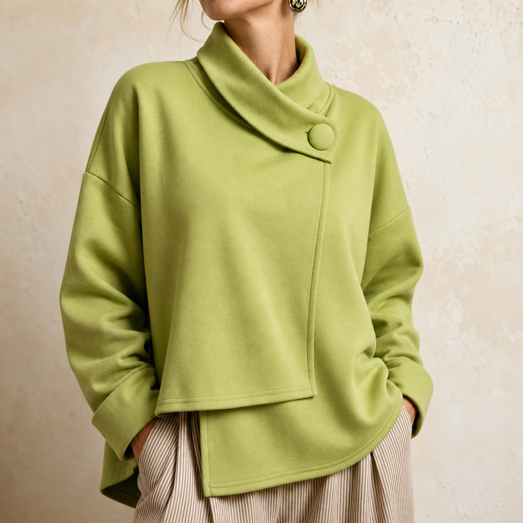 Women's Cowl Neck Sweatshirt | Draped Collar & Button Detail 1