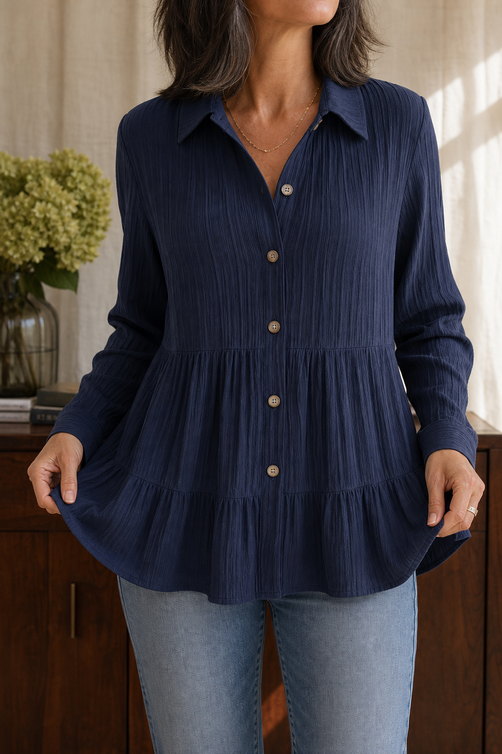 Women's Tiered Tunic Top | Crinkle Texture & Easy Care 1