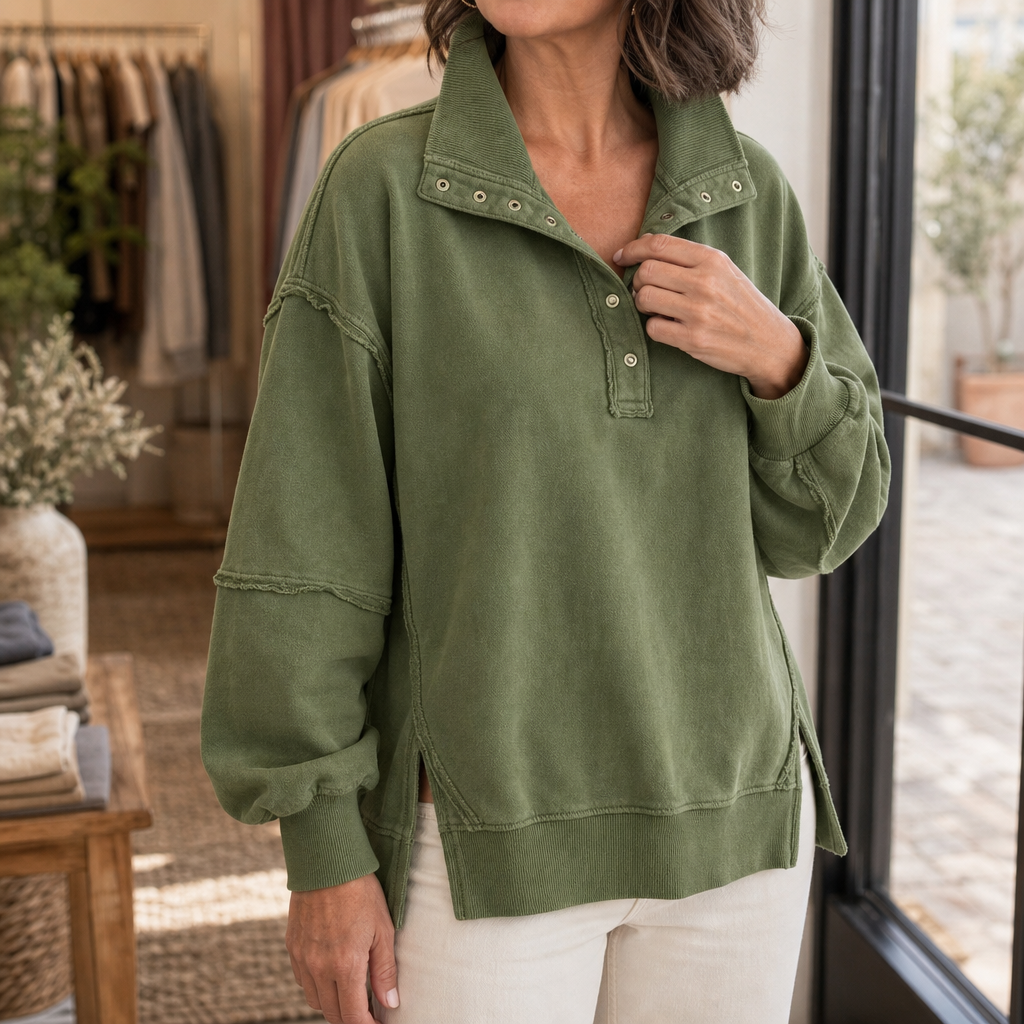 Women's Oversized Henley Sweatshirt | Structured Collar & Raw-Edge Detailing 1