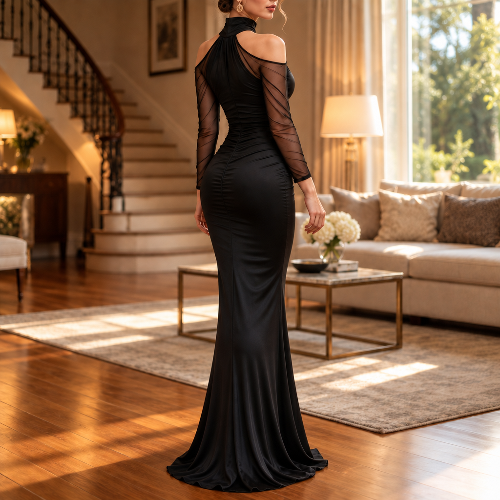 Women's Mermaid Evening Gown | Cold-Shoulder & Sheer Sleeves 2