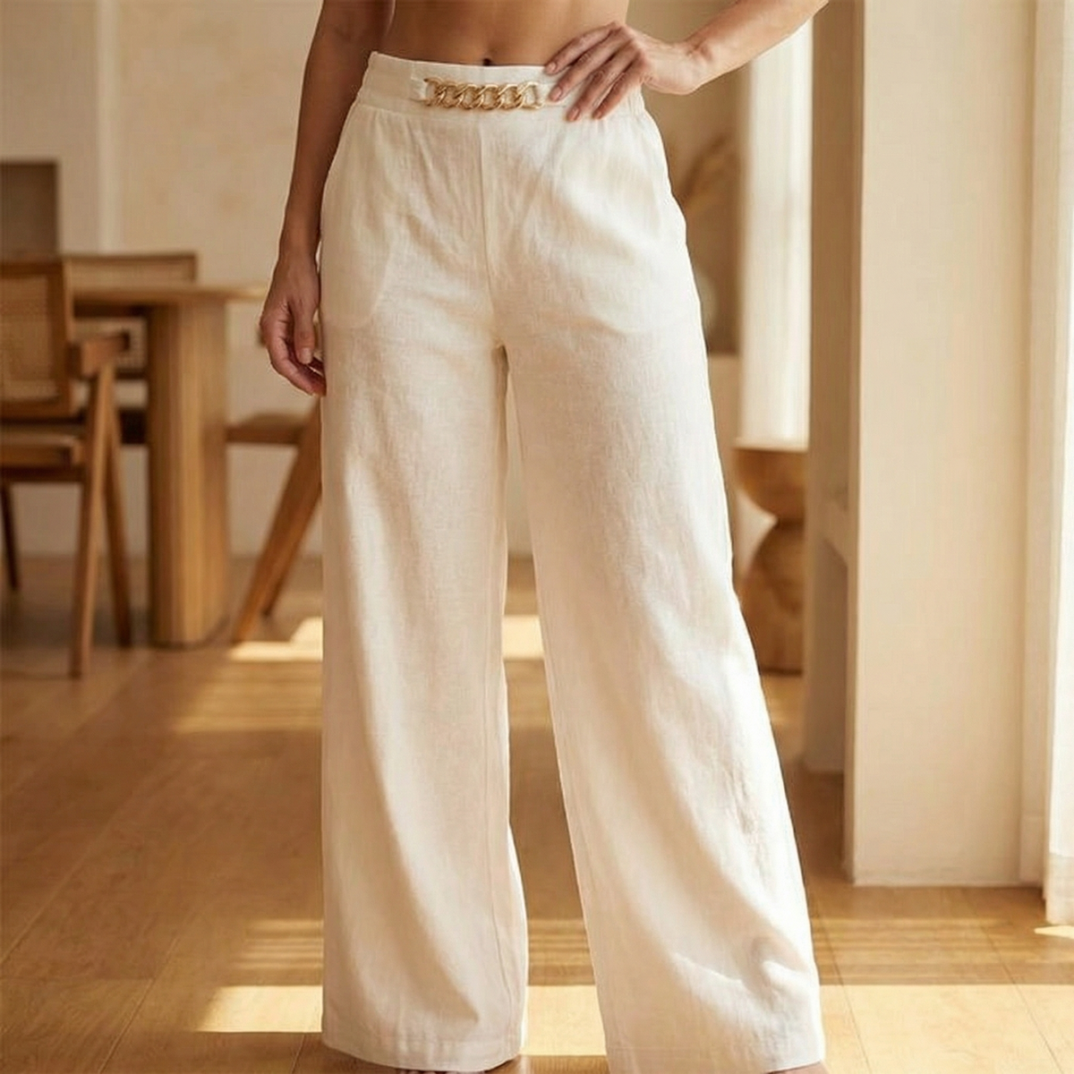 Women's Wide Leg Trousers | Chain Waist Accent 1