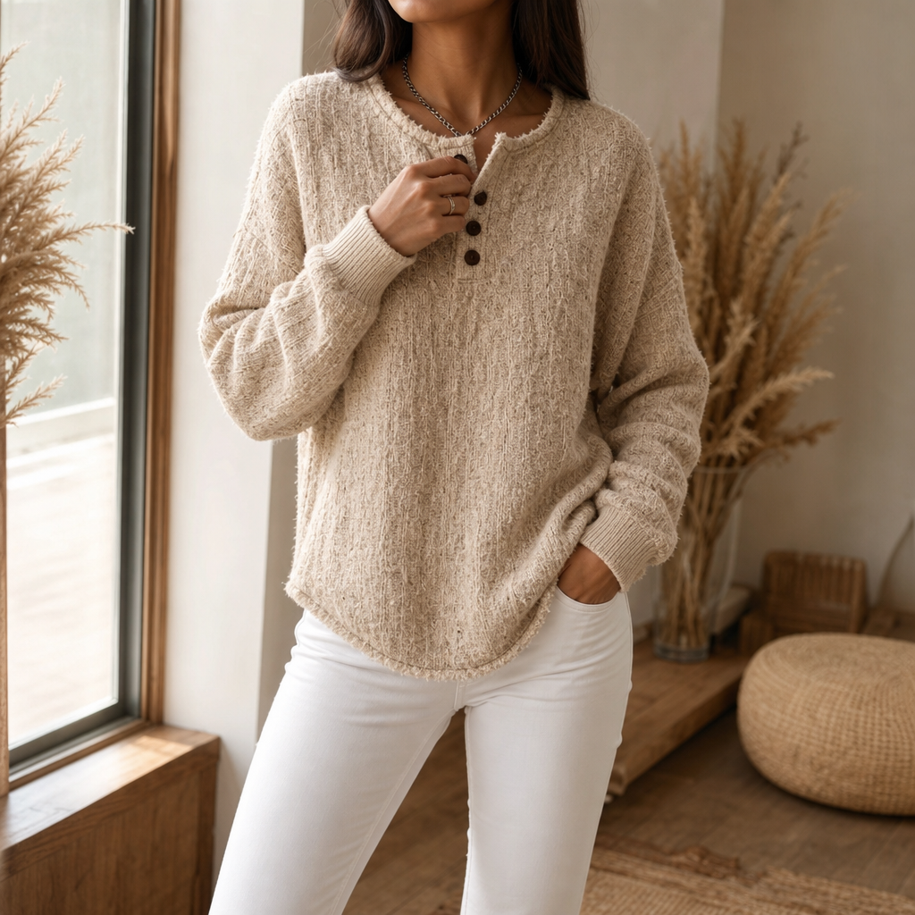 Women's Henley Sweater | Chunky Knit & Button Placket 2