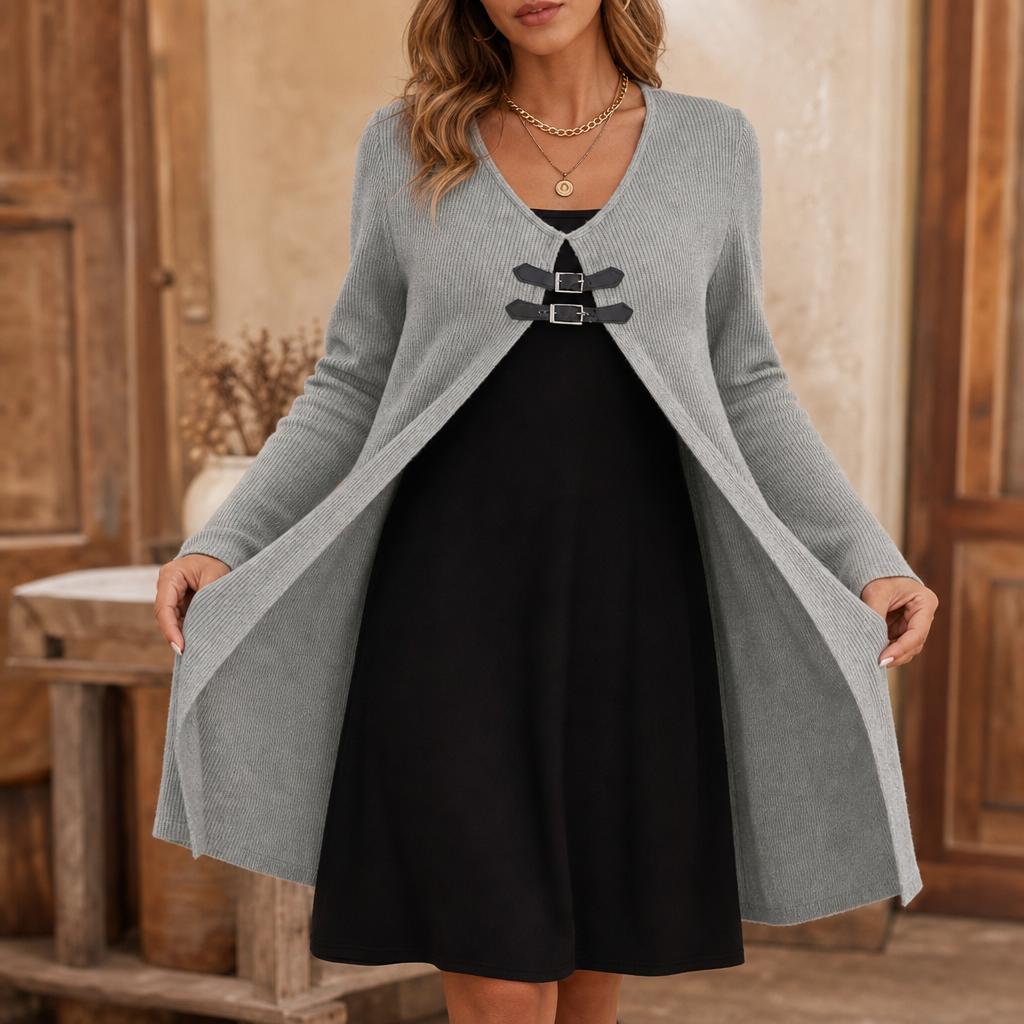 Women's Faux Two-Piece Midi Dress | Buckle Accent & Wrinkle Resistant 12