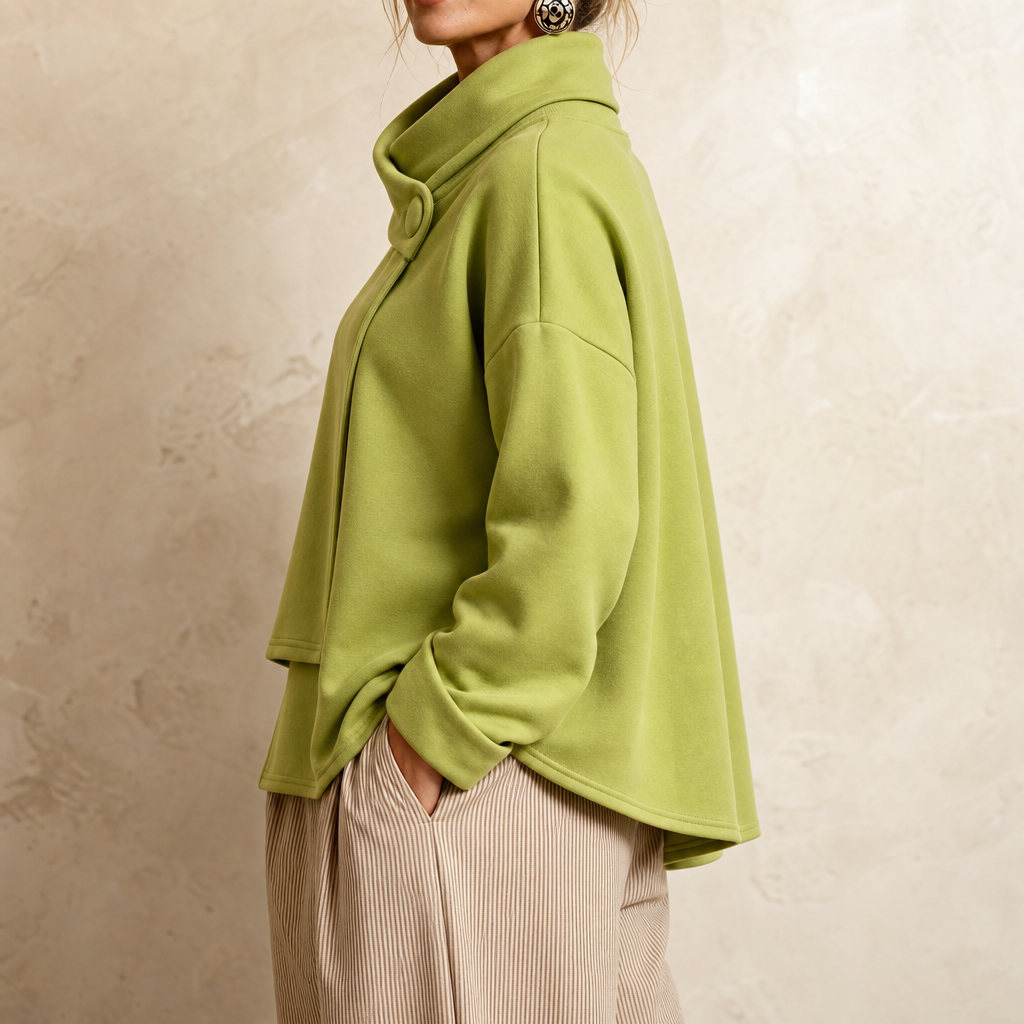 Women's Cowl Neck Sweatshirt | Draped Collar & Button Detail 2