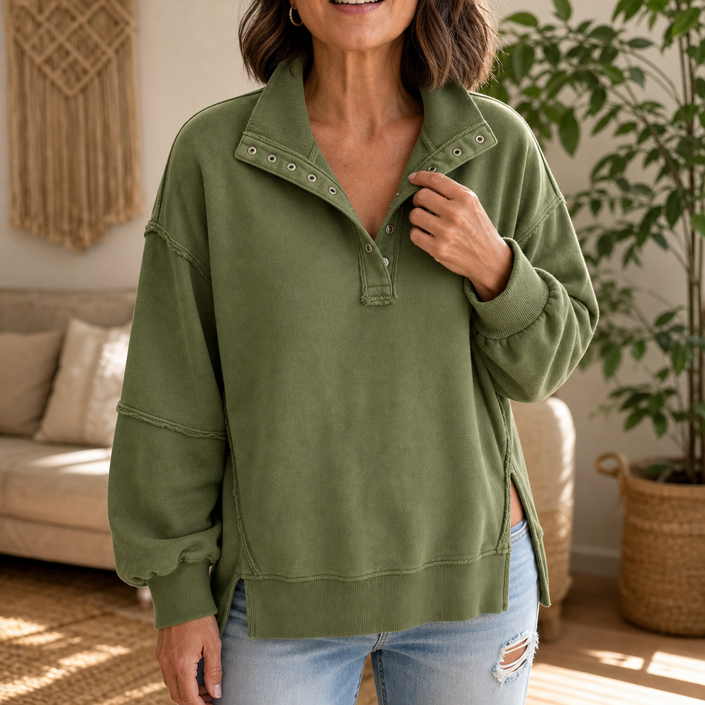 Women's Oversized Henley Sweatshirt | Structured Collar & Raw-Edge Detailing 2