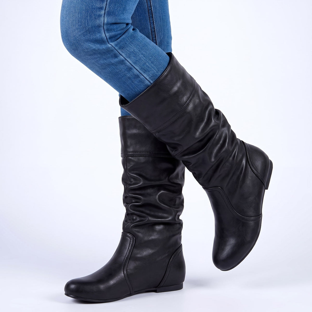 Women's Slouchy Shaft Boots Stacked Heel Round Toe 6