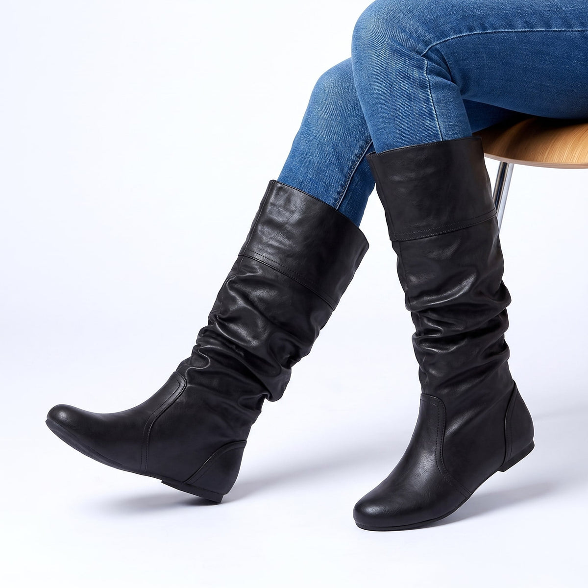 Women's Slouchy Shaft Boots Stacked Heel Round Toe 5