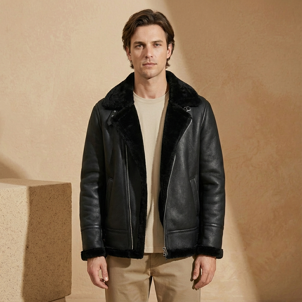 Men's Aviator Jacket Sherpa Lining Wide Collar Flight Coat 1