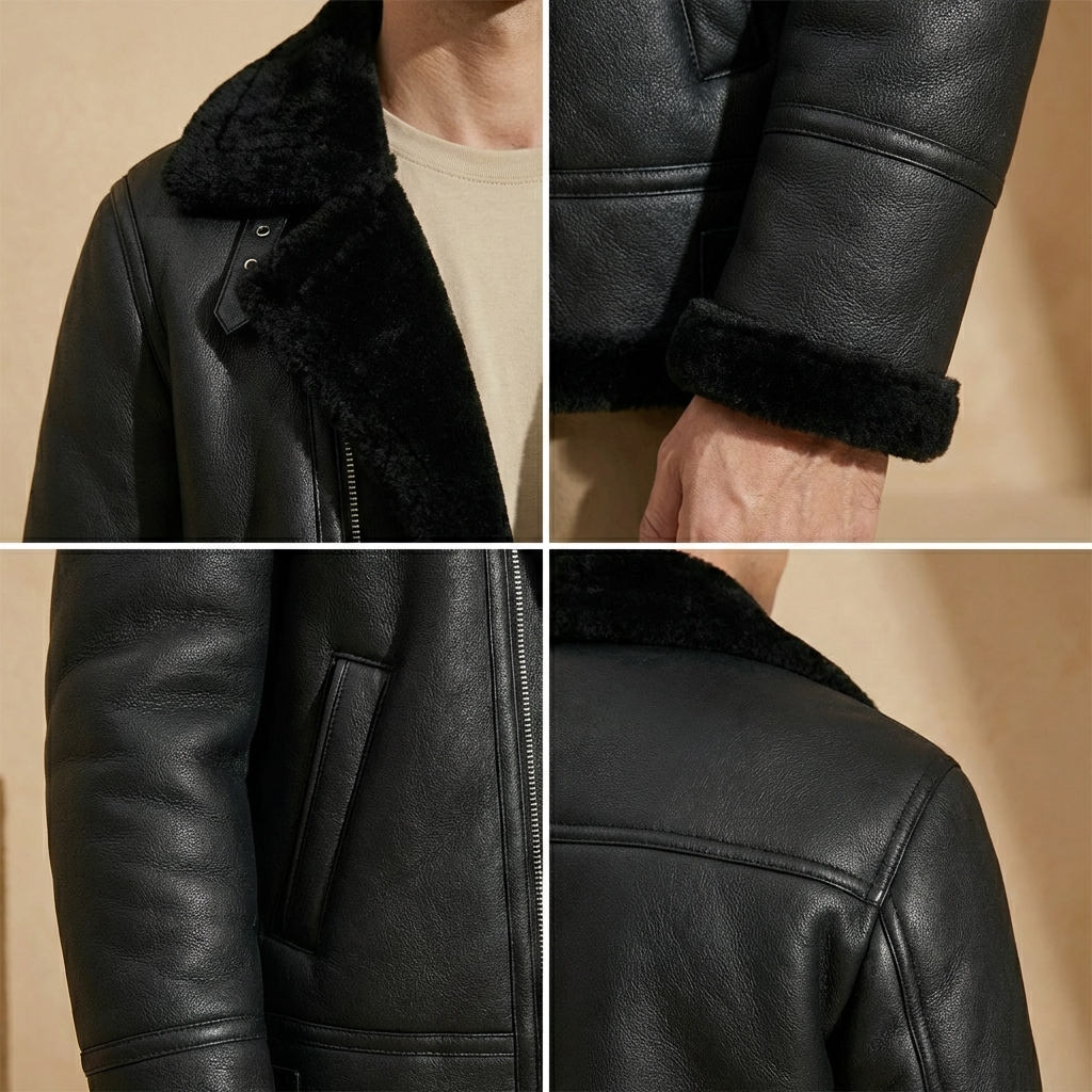 Men's Aviator Jacket Sherpa Lining Wide Collar Flight Coat 5