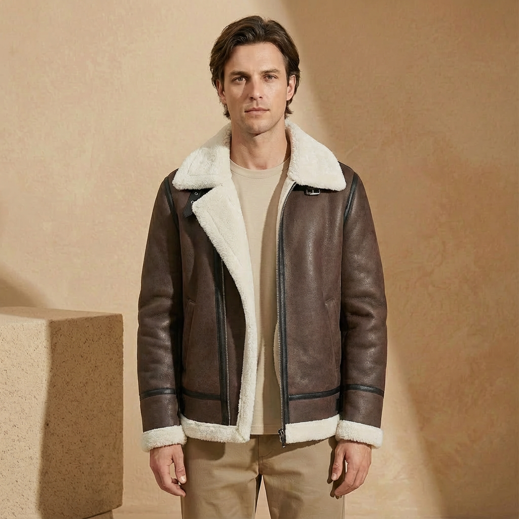 Men's Aviator Jacket Sherpa Lining Wide Collar Flight Coat 6