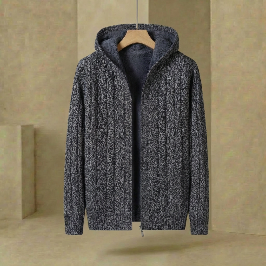 Men's Hooded Knit Jumper Lined Pullover Sweater Ribbed Cuffs 1