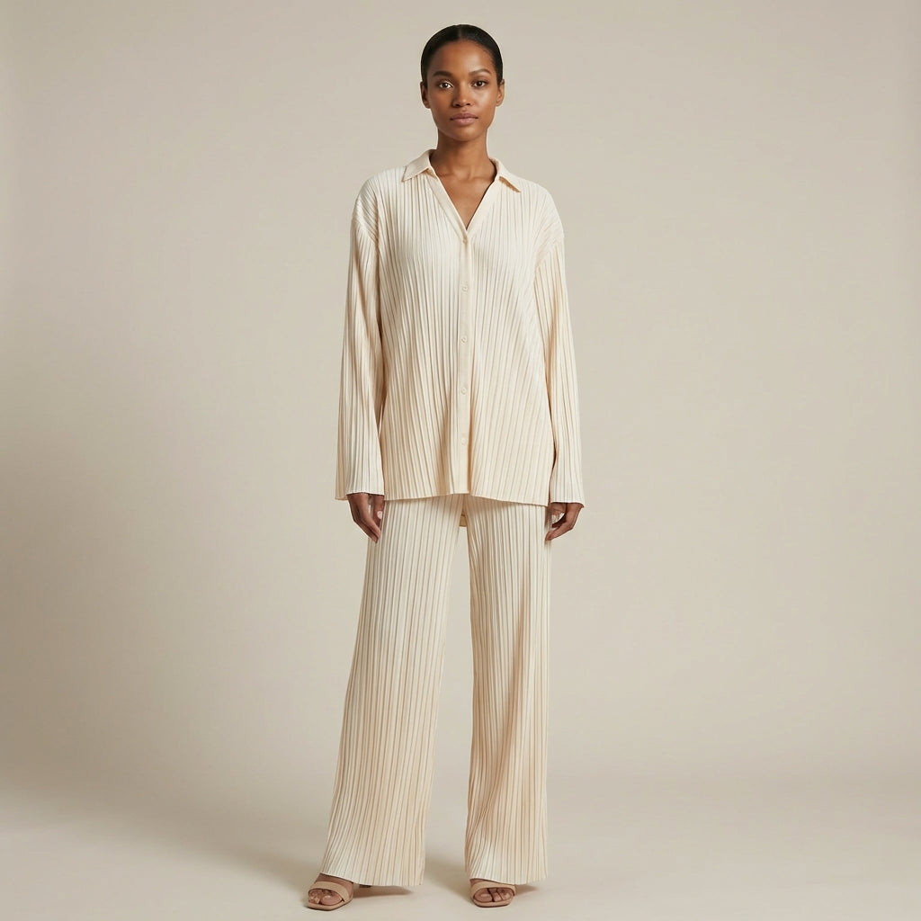 Women's Lounge Set Relaxed Pleated Wide Leg Trousers with Button Front 1