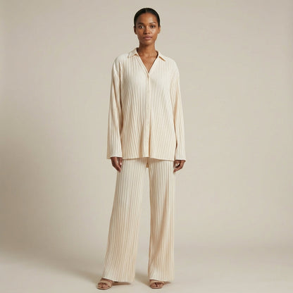 Women's Lounge Set Relaxed Pleated Wide Leg Trousers with Button Front 1