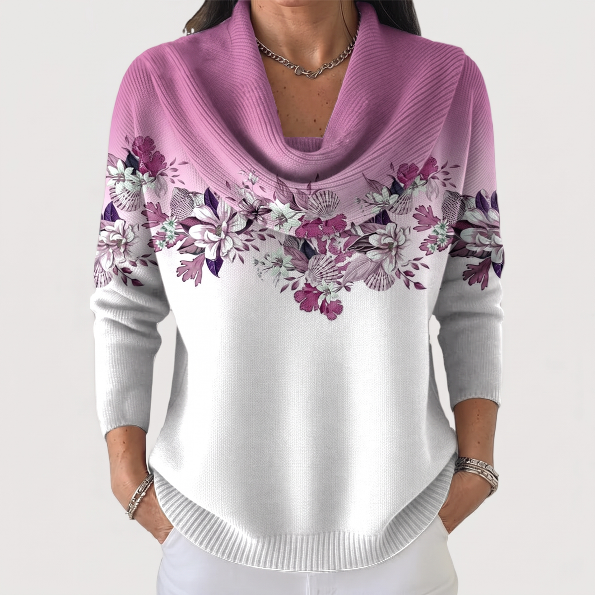 Women's Floral Sweater | Soft Draped Neckline 3