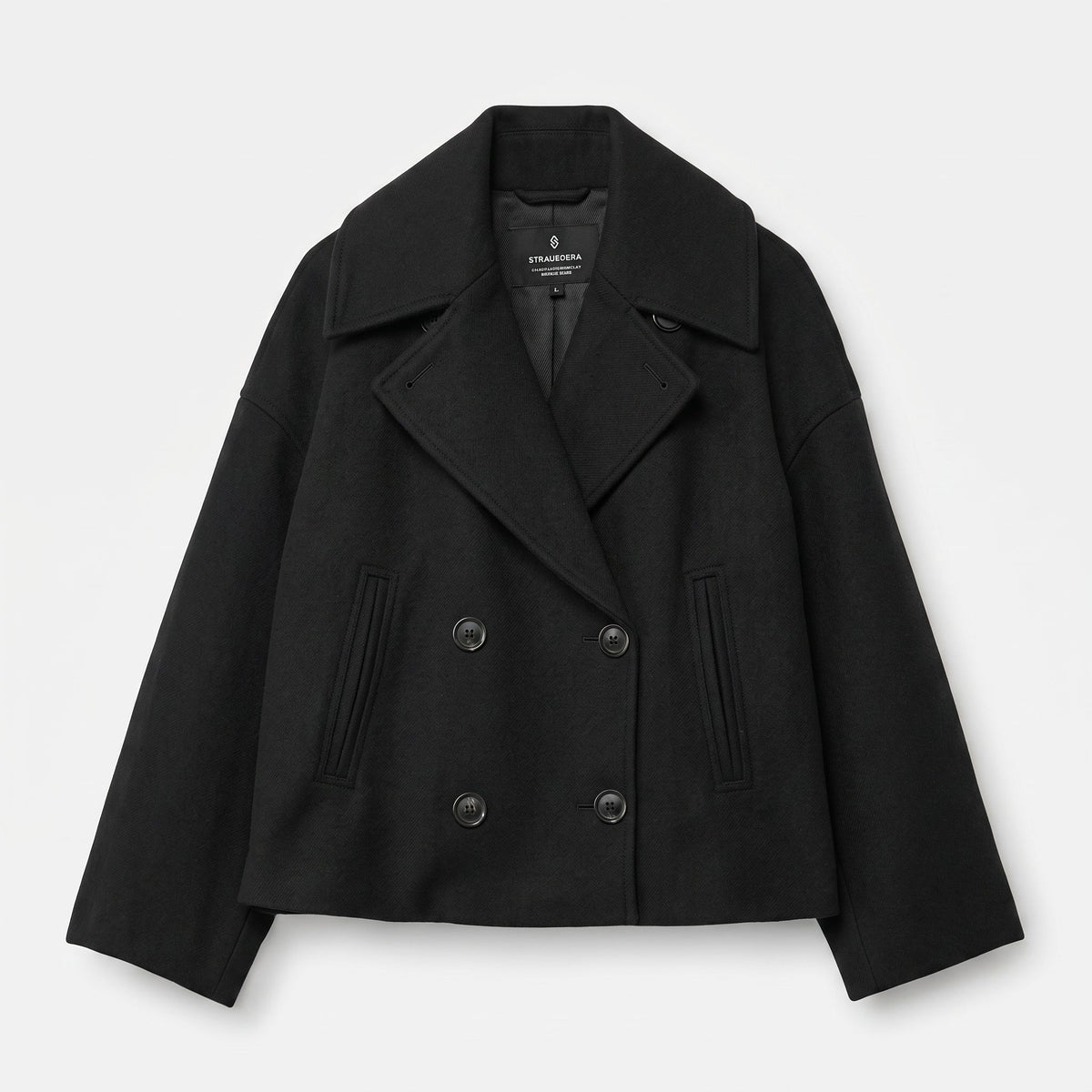 Isabell -Women's Cropped Pea Coat with Double-Breasted Front - Pea Coats - Black - Davies & Cooper