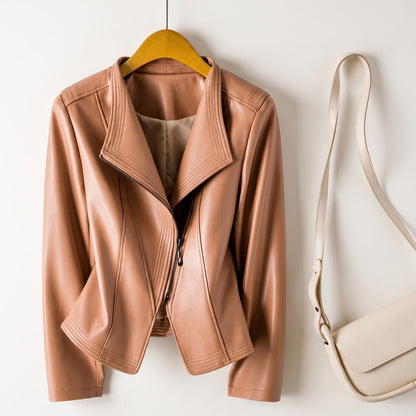 Isabella - Women's Wide Lapel Cropped Biker Jacket with Asymmetric Zip - Motorcycle Outerwear - Orange - Davies & Cooper