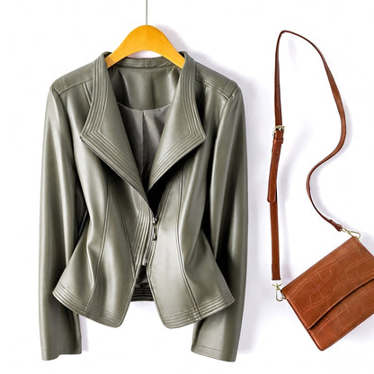 Isabella - Women's Wide Lapel Cropped Biker Jacket with Asymmetric Zip - Motorcycle Outerwear - Green - Davies & Cooper