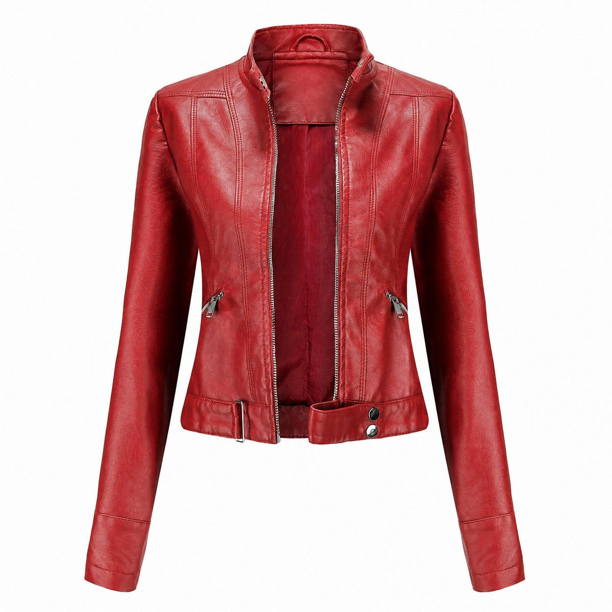 Isabelle - Women's Cropped Biker Jacket with Zip Pockets and Belted Hem - Motorcycle Outerwear - Red - Davies & Cooper