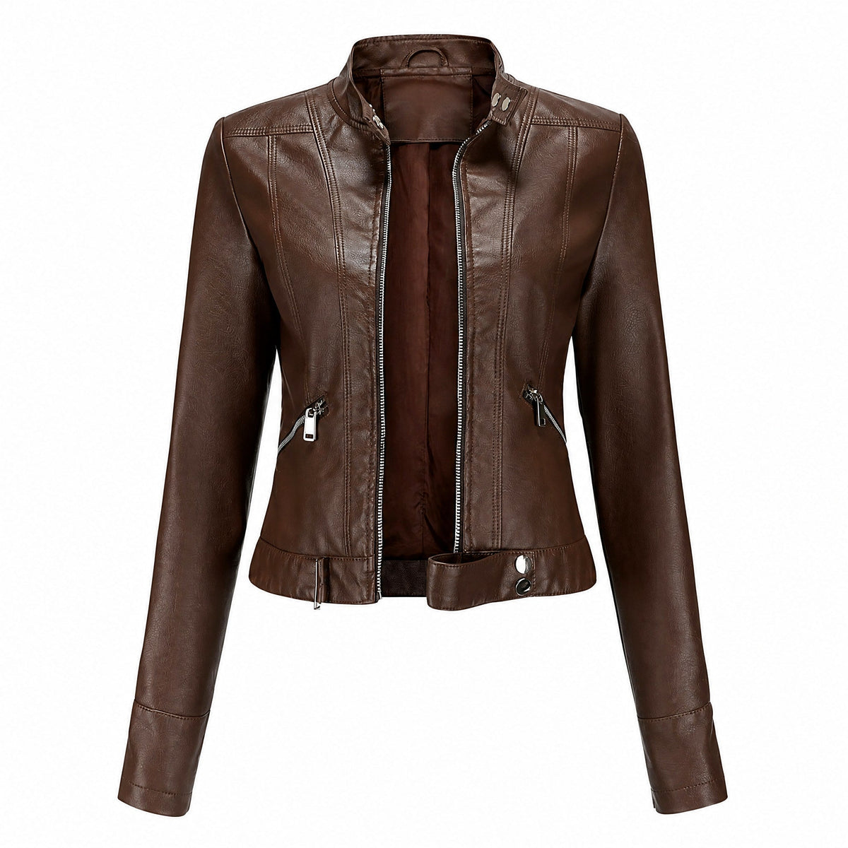 Isabelle - Women's Cropped Biker Jacket with Zip Pockets and Belted Hem - Motorcycle Outerwear - Brown - Davies & Cooper