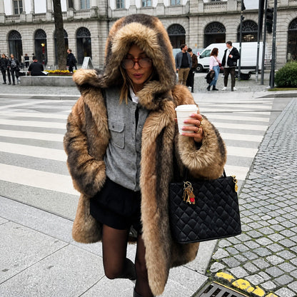 Isabelle - Women's Faux Fur Hooded Longline Coat with Button Front - Coats & Jackets - Brown - Davies & Cooper