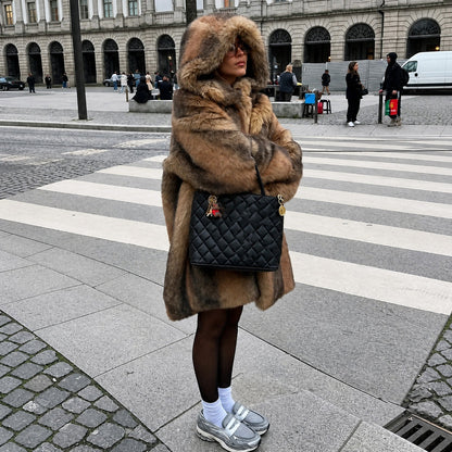 Isabelle - Women's Faux Fur Hooded Longline Coat with Button Front - Coats & Jackets - Brown - Davies & Cooper