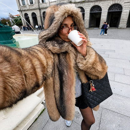 Isabelle - Women's Faux Fur Hooded Longline Coat with Button Front - Coats & Jackets - Brown - Davies & Cooper