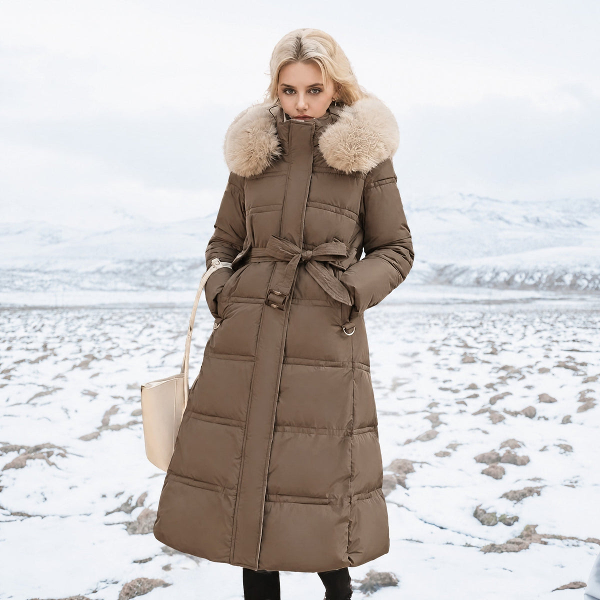 Isabelle - Women's Hooded Longline Puffer Parka with Faux Fur Trim - Parkas - Brown - Davies & Cooper