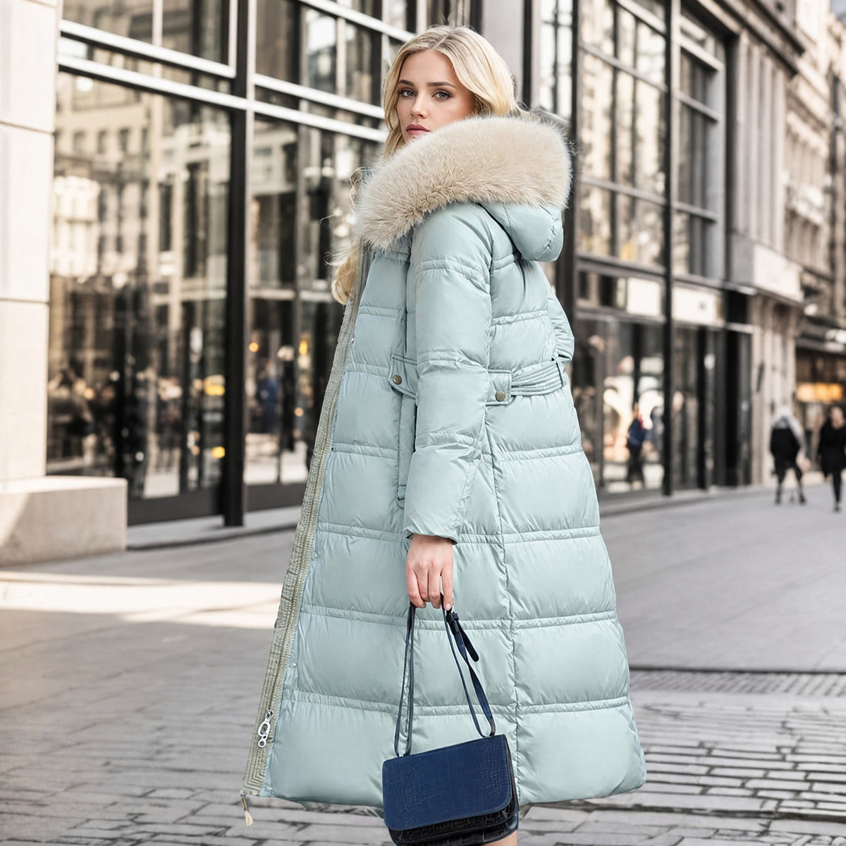 Isabelle - Women's Hooded Longline Puffer Parka with Faux Fur Trim - Parkas - Light Blue - Davies & Cooper